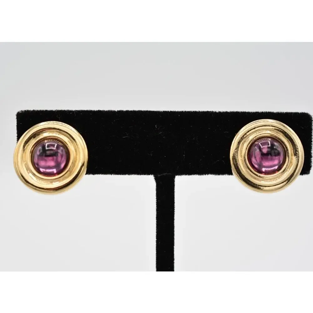 Vintage Cabochon Clip On Earrings Purple Round Gold Tone Jewelry Huggie 1980s 9L